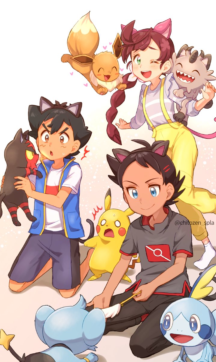 1girl, 2boys, ;d, artist_name, ash_ketchum, bangs, black_hair, blue_eyes