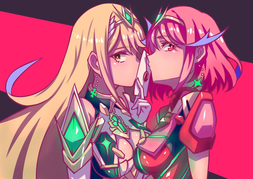 2girls, absurdres, armor, bangs, blonde_hair, blush, breast_press, breasts