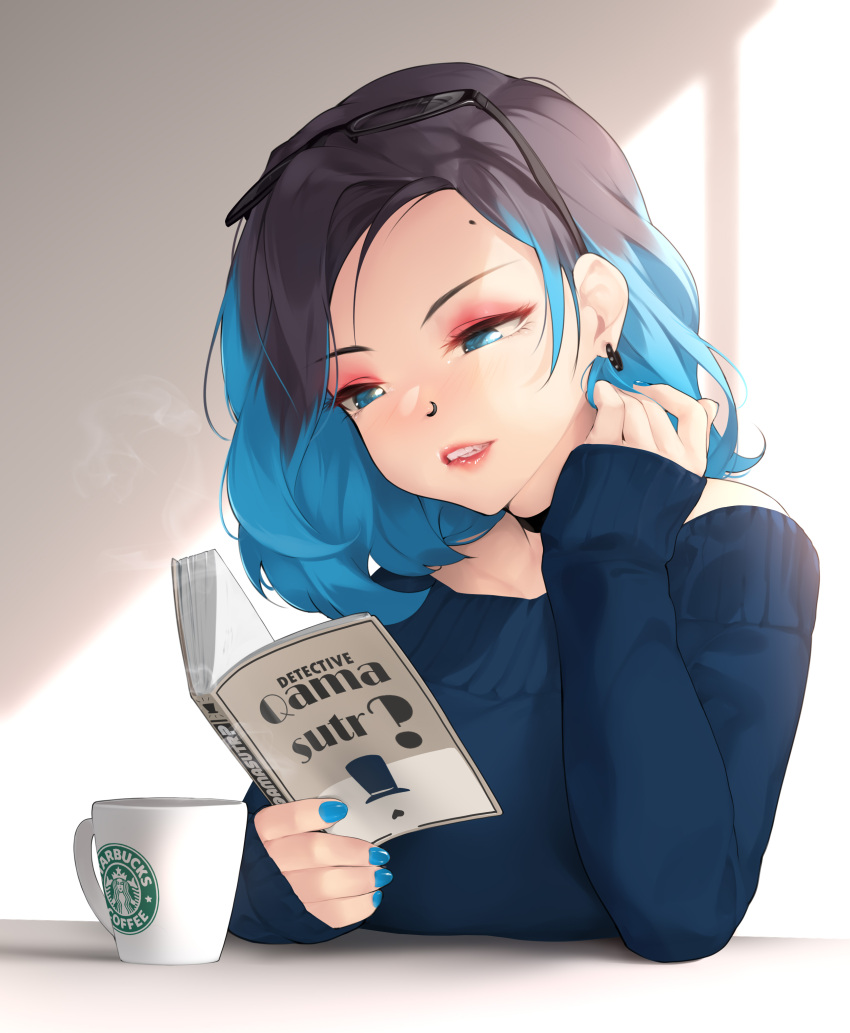 1girl, absurdres, biting, black-framed_eyewear, black_hair, blue_eyes, blue_hair, blue_nails, book, choker, cup, earrings, eyeshadow, eyewear_on_head, glasses, highres, jewelry, kopianget, lip_biting, makeup, multicolored_hair, nose_piercing, open_book, original, piercing, shelby_(kopianget), simple_background, solo, two-tone_hair