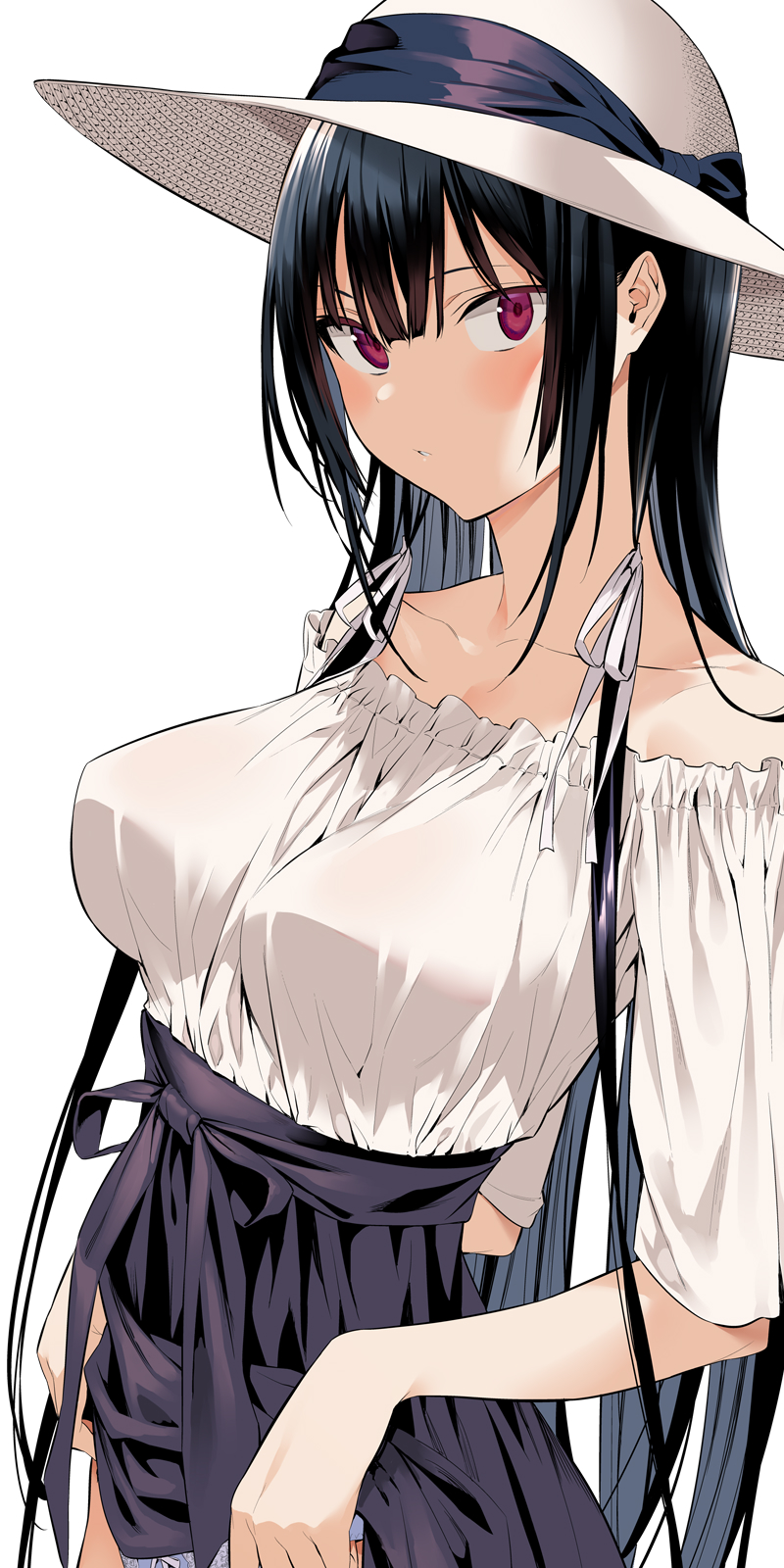 1girl, bangs, black_bow, black_hair, black_skirt, blush, bow, breasts