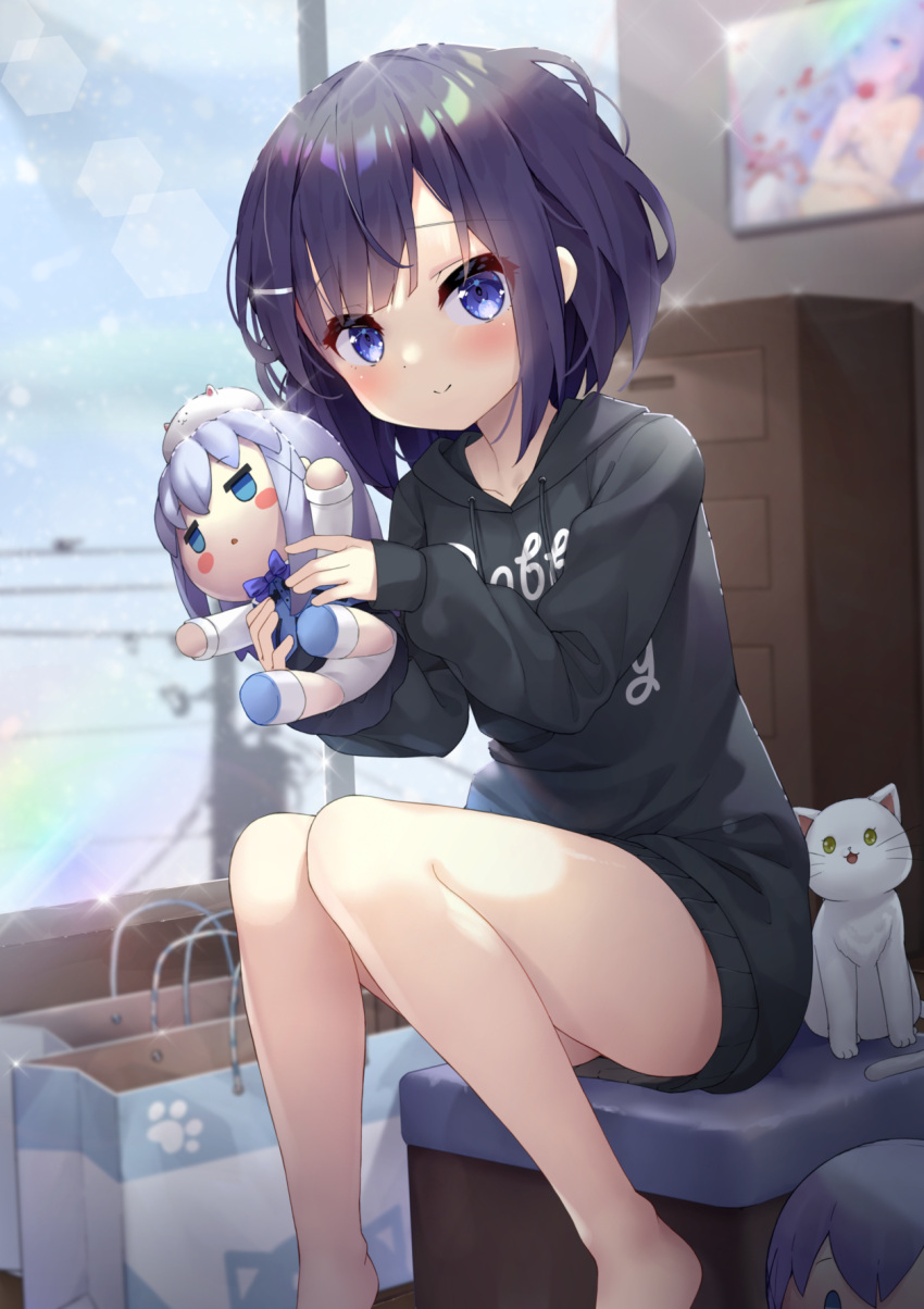 1girl, bag, barefoot, black_hair, black_shirt, blue_eyes, blush, cat