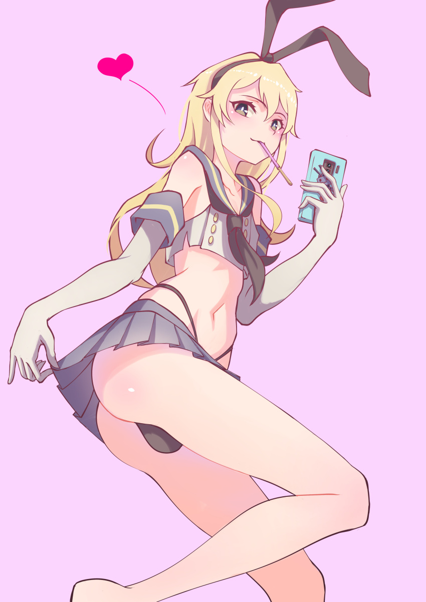 1boy, absurdres, ass, bangs, bare_legs, black_hairband, blonde_hair, blush, bulge, commentary, crop_top, crossdressinging, elbow_gloves, feet_out_of_frame, food, food_in_mouth, genderswap, gloves, grey_eyes, grey_skirt, hairband, heart, hej, highleg, highleg_panties, highres, holding, holding_phone, kantai_collection, long_hair, looking_at_viewer, male_focus, midriff, miniskirt, mouth_hold, navel, otoko_no_ko, panties, phone, pleated_skirt, pocky, purple_background, sailor_collar, school_uniform, serafuku, shimakaze-kun, shimakaze_(kancolle), shiny, shiny_hair, skirt, skirt_hold, solo, underwear, white_gloves