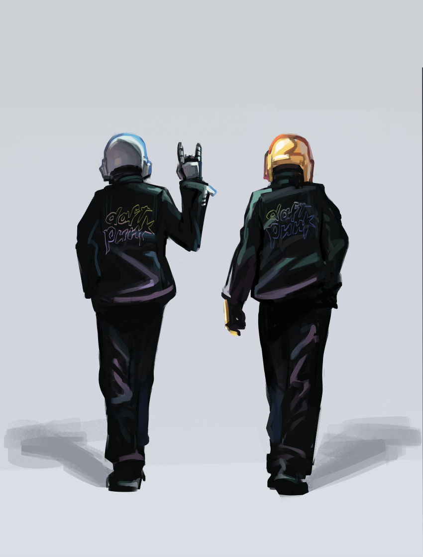 2boys, \m/, absurdres, black_jacket, black_pants, clenched_hand, copyright_name, daft_punk