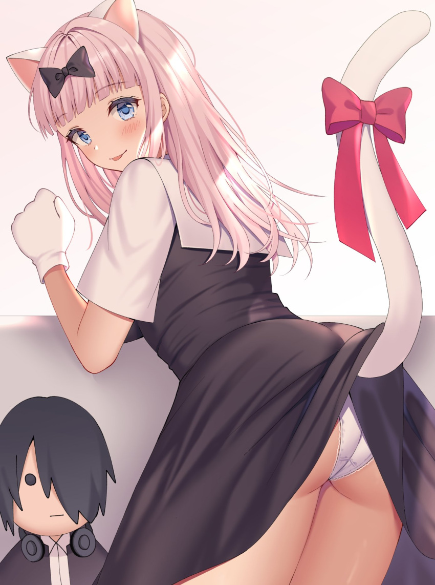 1boy, 1girl, animal_ears, ass, bangs, bent_over, black_bow, black_dress