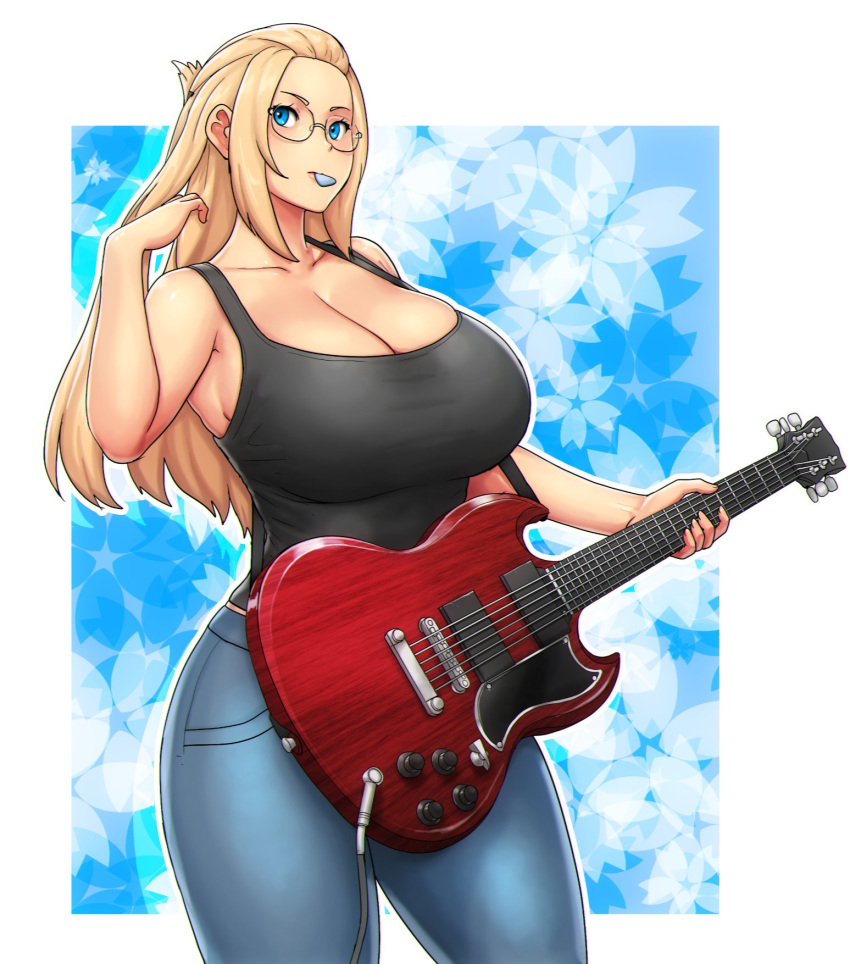 1girl, bangs_pinned_back, black_tank_top, blonde_hair, blue_background, blue_eyes, border, borrowed_character