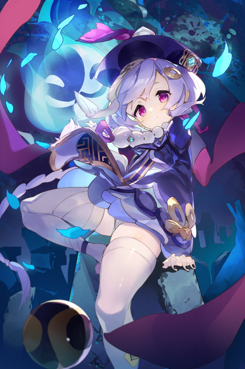 1girl, abstract_background, bandaged_leg, bandages, bead_necklace, beads, bell_sleeves, black_nails