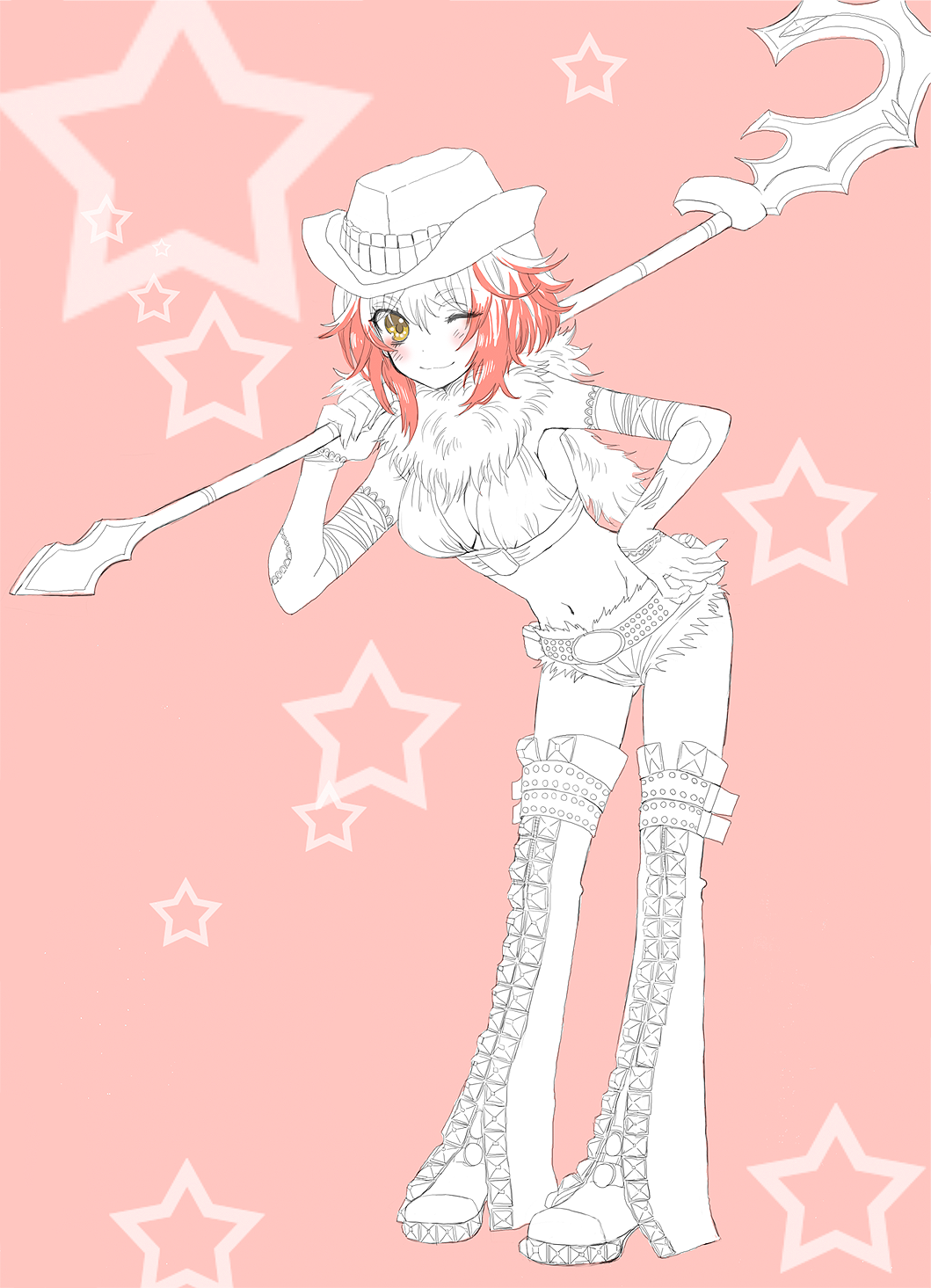 bad_id, boots, breasts, cowboy_hat, fur_trim, hand_on_hip, hat, highres