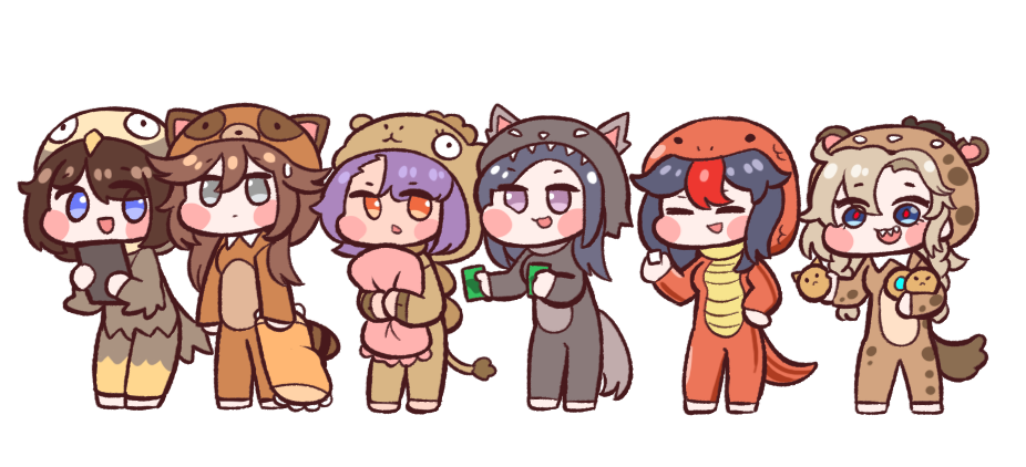 6+girls, a-15_salamander, animal_costume, bird_costume, blonde_hair, blue_eyes, blush, blush_stickers