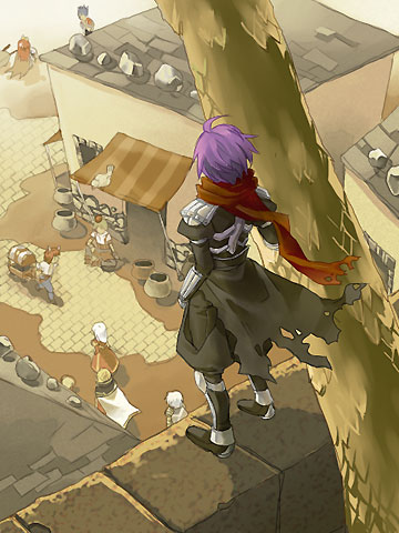 2girls, 6+boys, alchemist_(ragnarok_online), apple, apple_o_archer, apple_on_head, armor, armored_boots