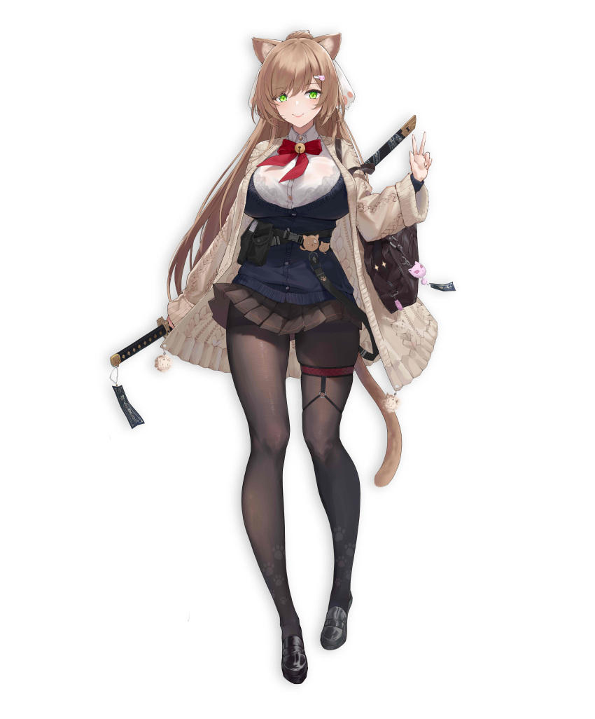1girl, absurdres, animal_ears, bra, bra_peek, breasts, brown_legwear, cardigan, cat_ears, cat_tail, closed_mouth, full_body, green_eyes, hair_ornament, hairclip, highres, katana, large_breasts, light_brown_hair, loafers, long_hair, long_sleeves, miniskirt, ng_jie, original, pantyhose, pleated_skirt, ponytail, school_uniform, see-through, shoes, simple_background, skirt, smile, solo, standing, sword, tail, thigh_strap, thighband_pantyhose, underwear, w, weapon, white_background