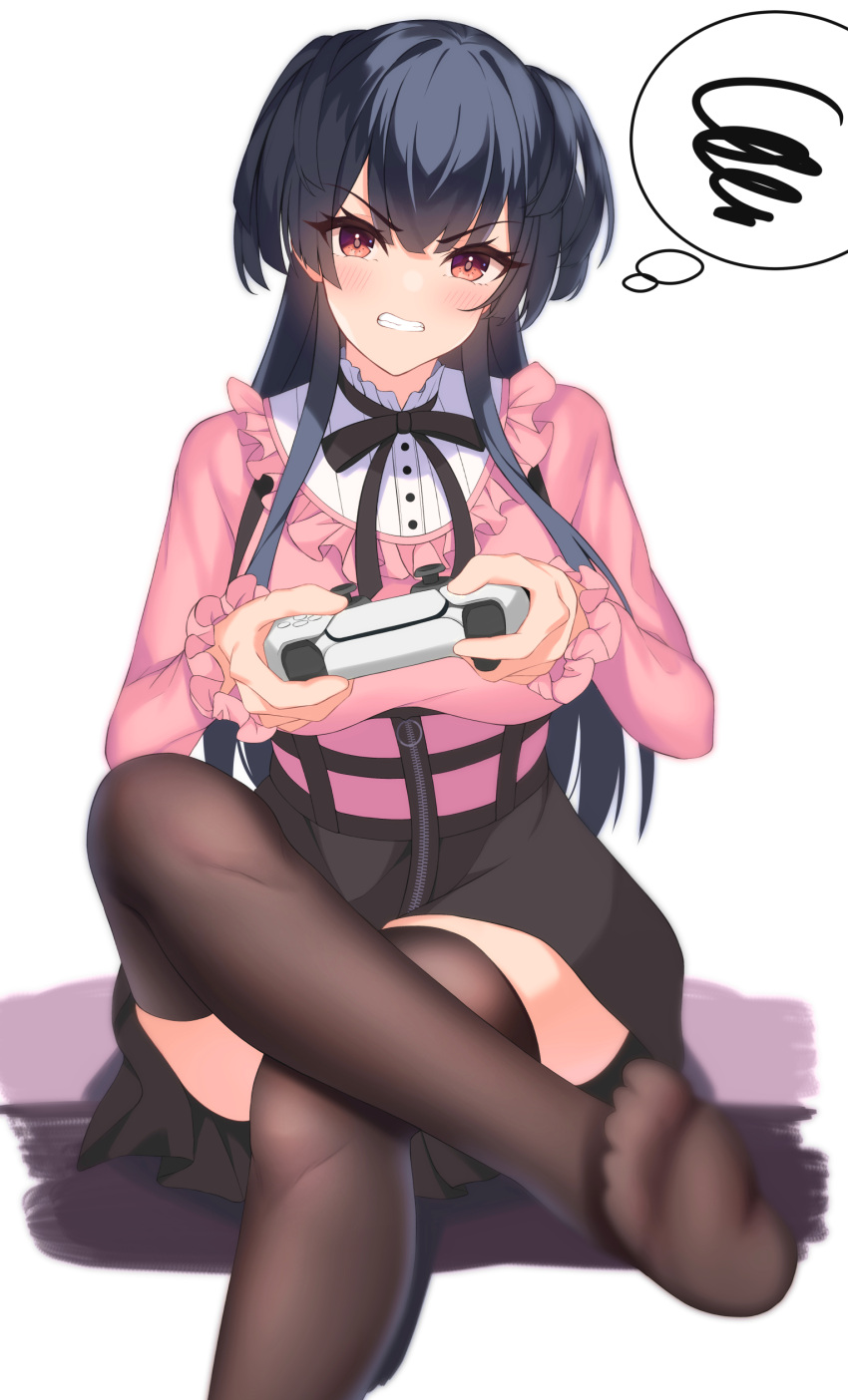1girl, absurdres, aisumi_ran, angry, annoyed, bangs, black_hair, black_legwear