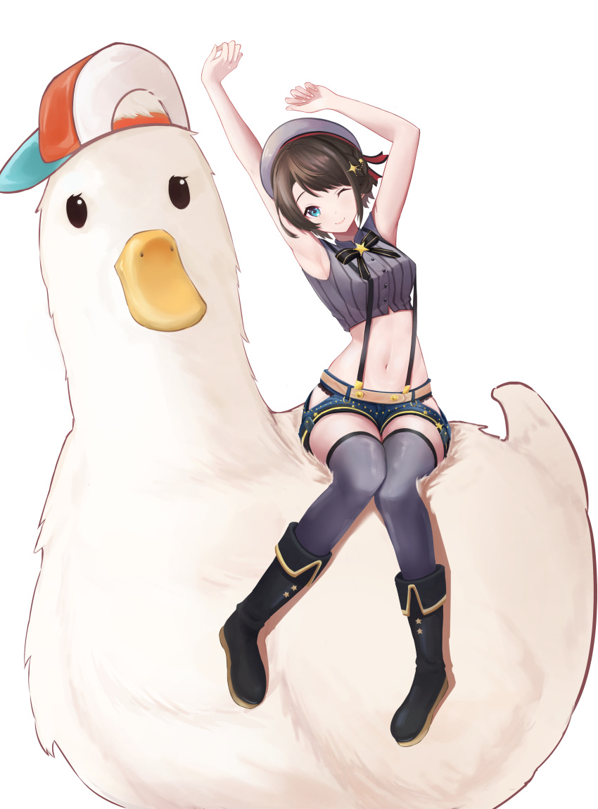 1girl, absurdres, arms_up, backwards_hat, baseball_cap, beret, bird, blue_eyes