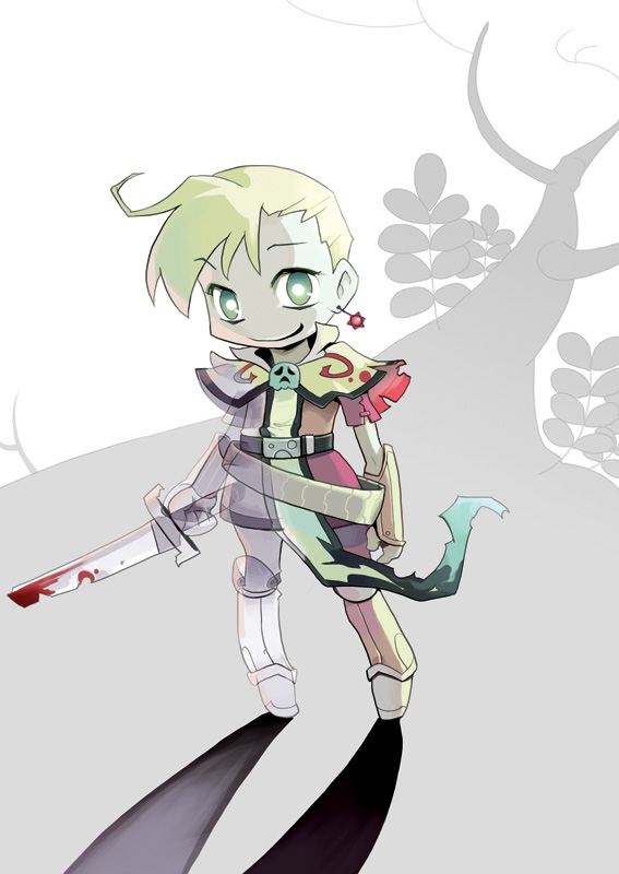 1boy, armored_boots, belt, blonde_hair, blood, bloody_weapon, boots, brown_footwear