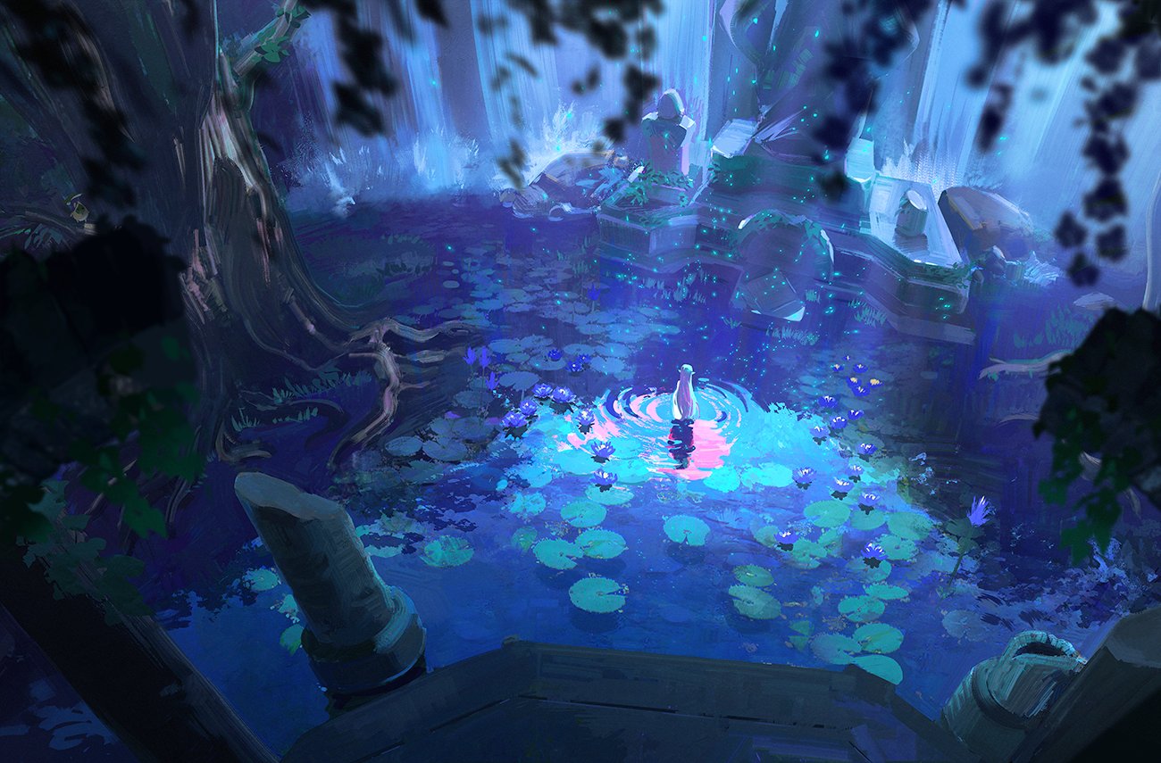 1girl, commentary, english_commentary, flower, joanne_tran, lily_(flower), lily_pad, long_hair, nature, pillar, pointy_ears, princess_zelda, ripples, scenery, statue, the_legend_of_zelda, the_legend_of_zelda:_breath_of_the_wild, tree, very_long_hair, very_wide_shot, wading, water
