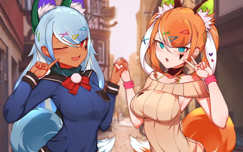 2girls, andou_inari, armpits, blue_eyes, blue_hair, bow, breasts, choumi_wuti_(xueye_fanmang_zhong)