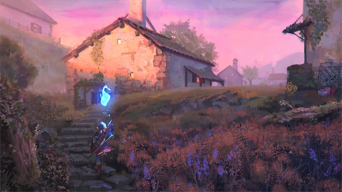 1boy, blue_fire, boots, bow_(weapon), brown_footwear, building, chimney, commentary