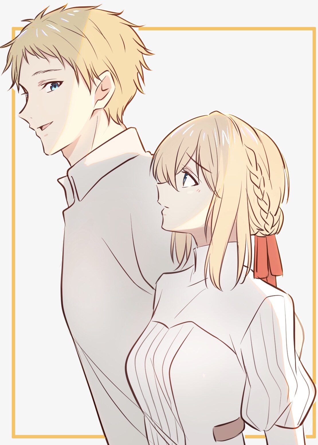 1boy, 1girl, bangs, benedict_blue, blonde_hair, blue_eyes, breasts, collared_dress