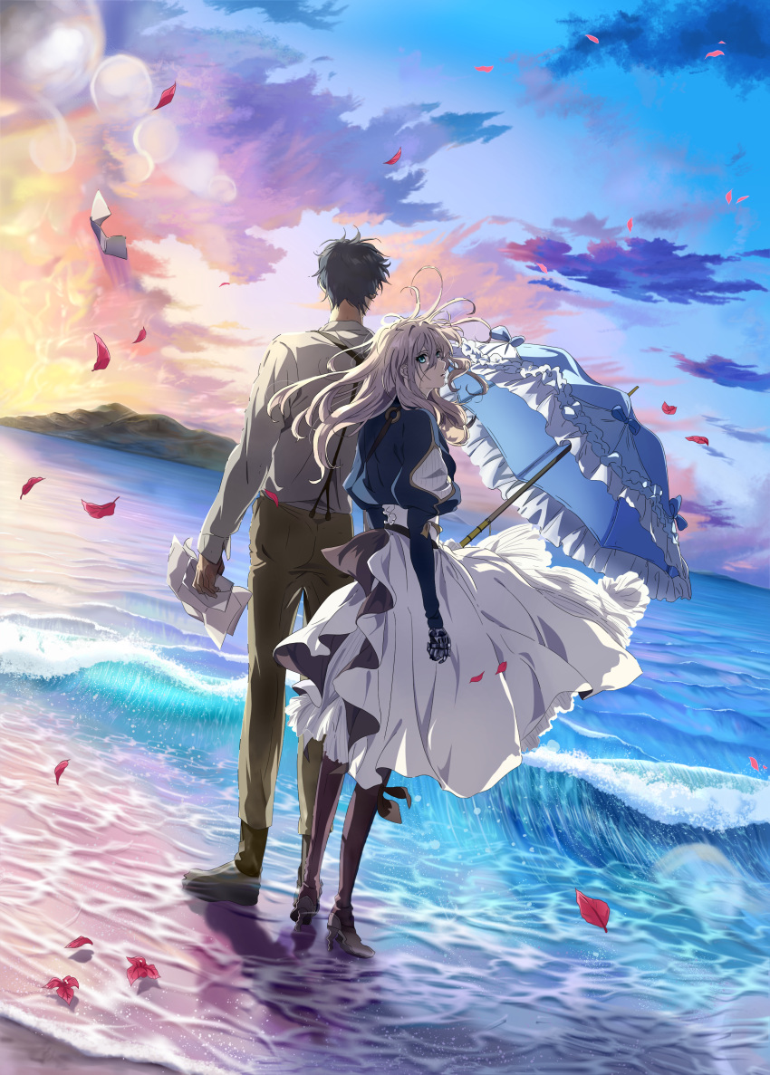 1boy, 1girl, absurdres, anime_coloring, bangs, beach, blonde_hair, blue_eyes