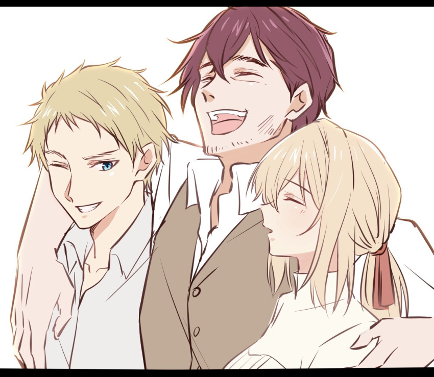 1girl, 2boys, bangs, benedict_blue, blonde_hair, blue_eyes, blush, brown_hair