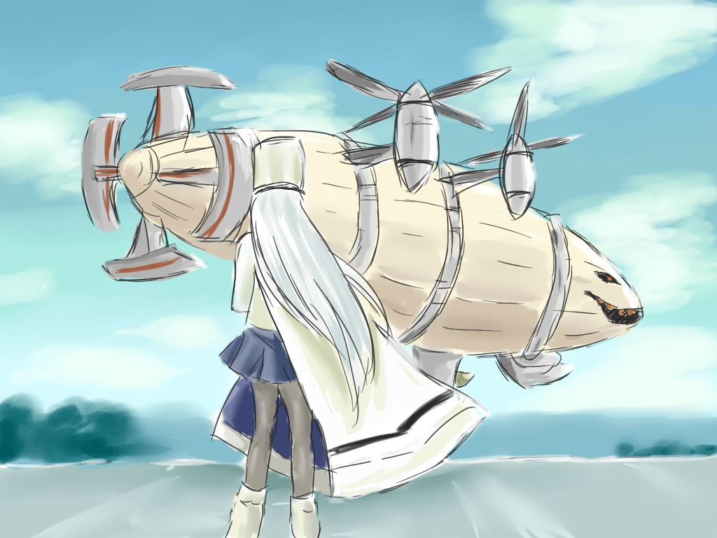1girl, azur_lane, black_legwear, blurry, blurry_background, boots, clouds, cloudy_sky, coat, command_and_conquer, command_and_conquer:_red_alert_2, commentary_request, depth_of_field, final_fantasy, final_fantasy_vii, from_behind, grey_hair, hat, kirov_(azur_lane), kirov_airship, long_hair, mks_daisenpai, namesake, pantyhose, parody, sky, translation_request, very_long_hair