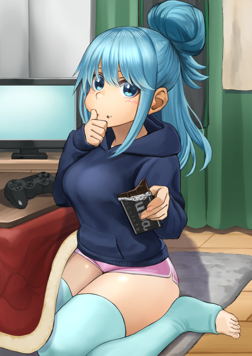 1girl, alternate_costume, aqua_(konosuba), blue_eyes, blue_hair, blue_hoodie, blue_legwear, blush