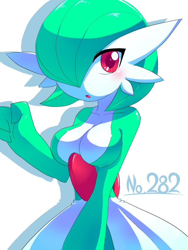 breasts, cleavage, gardevoir, green_hair, hair_over_one_eye, mogumogu_mole, no_humans, pokemon