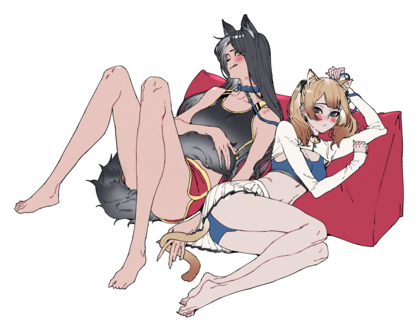 2girls, :q, animal_ears, bangs, bare_shoulders, barefoot, black_hair, blue_eyes, blue_panties, blush, breasts, brown_eyes, brown_hair, collarbone, couple, crop_top, full_body, gado, hair_ornament, hickey, highres, holding, holding_leash, holding_tail, leash, long_sleeves, looking_at_viewer, lying, medium_breasts, midriff, multiple_girls, navel, on_back, on_side, one_eye_closed, original, panties, pillow, red_shorts, short_shorts, shorts, sidelocks, simple_background, skirt, sleeveless, small_breasts, stomach, tail, tongue, tongue_out, twintails, underwear, white_background, white_skirt, yuri
