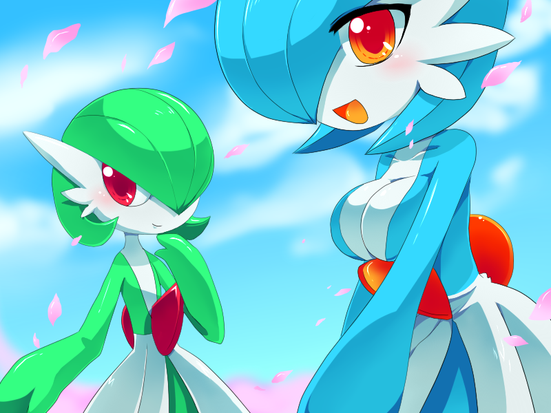 blue_hair, breasts, cherry_blossoms, cleavage, gardevoir, green_hair, hair_over_one_eye, mogumogu_mole