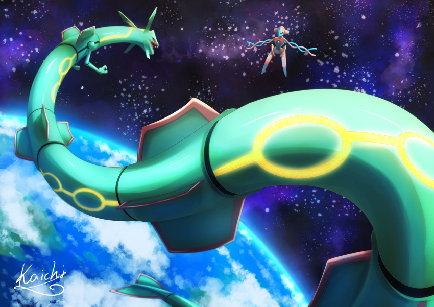 absurdres, black_sclera, claws, clouds, colored_sclera, commentary_request, deoxys, earth_(planet), eye_contact, fangs, gen_3_pokemon, highres, huge_filesize, kaichi_(tomiyu25), legendary_pokemon, looking_at_another, mythical_pokemon, no_humans, open_mouth, planet, pokemon, pokemon_(creature), rayquaza, signature, space, water, yellow_eyes