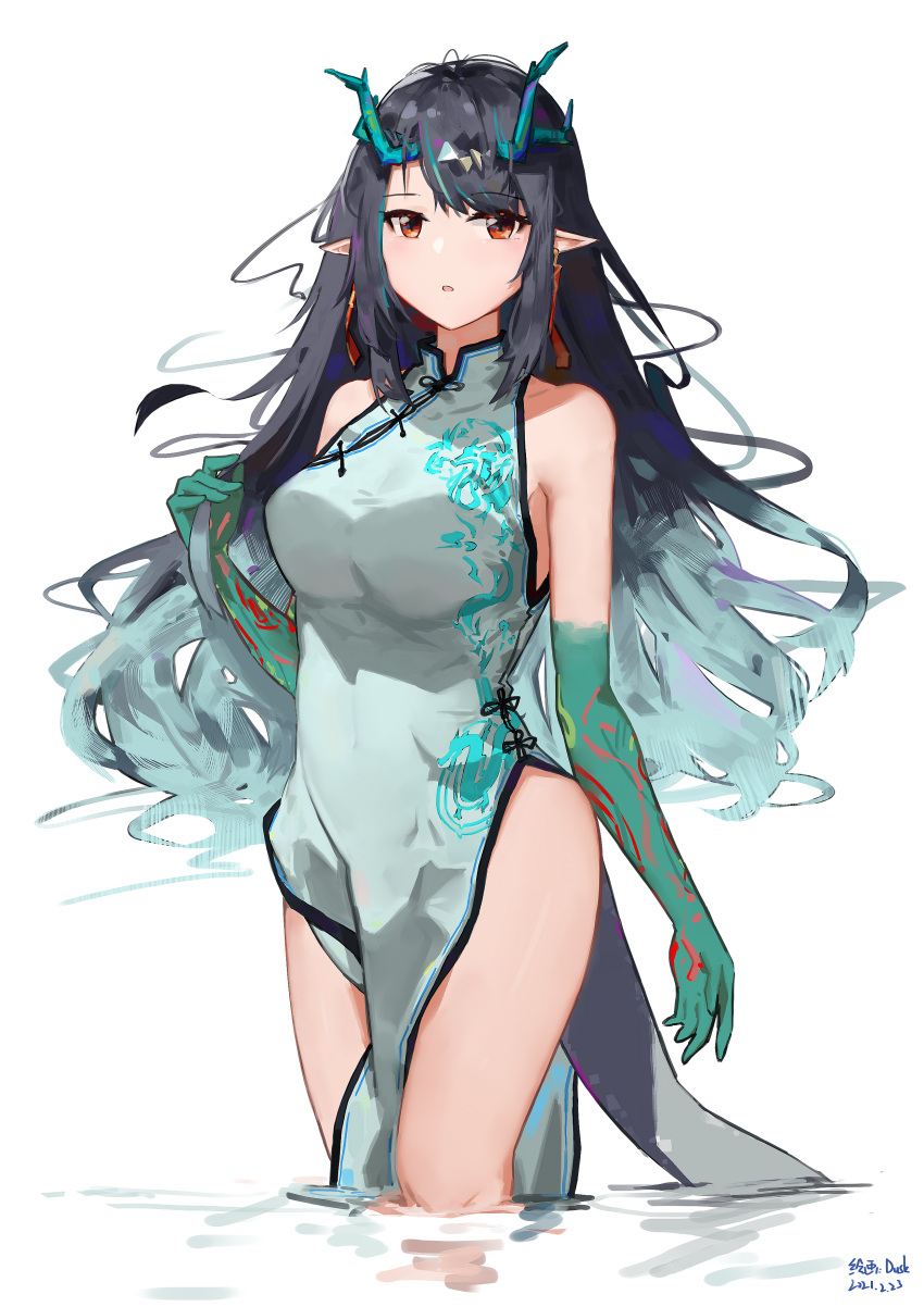 1girl, absurdres, airnery, alternate_costume, arknights, bare_arms, bare_shoulders, black_hair