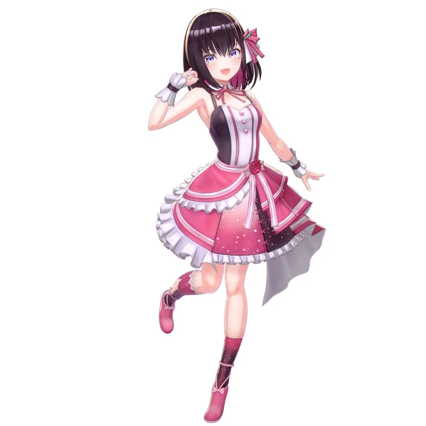 1girl, 3d, azki_(hololive), bangs, chuukarudoruhu, clenched_hand, colored_inner_hair, detached_collar, eyebrows_behind_hair, fang, full_body, highres, hololive, idol, idol_clothes, kneehighs, multicolored_hair, official_art, open_hand, open_mouth, pink_hair, pink_skirt, purple_hair, single_kneehigh, skirt, solo, virtual_youtuber, wrist_cuffs