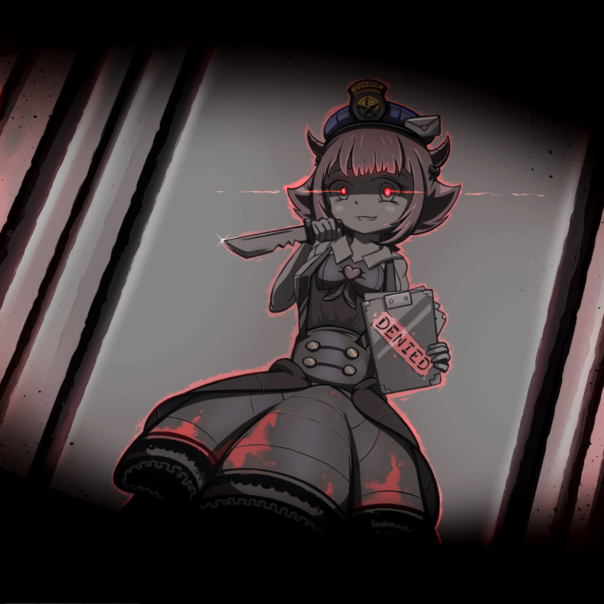 1girl, bangs, blood, bloody_clothes, breasts, clipboard, contraband_police, english_commentary, english_text, eyebrows_behind_hair, glowing, glowing_eyes, harry_david, hat, head_tilt, highres, holding, holding_clipboard, holding_knife, horns, knife, matsuro_meru, medium_breasts, pink_hair, short_hair, smile, solo, tsunderia, virtual_youtuber, yandere