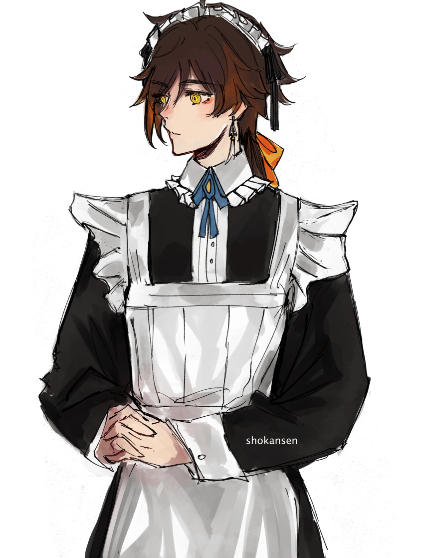 1boy, absurdres, alternate_costume, apron, bangs, black_hair, brown_hair, closed_mouth