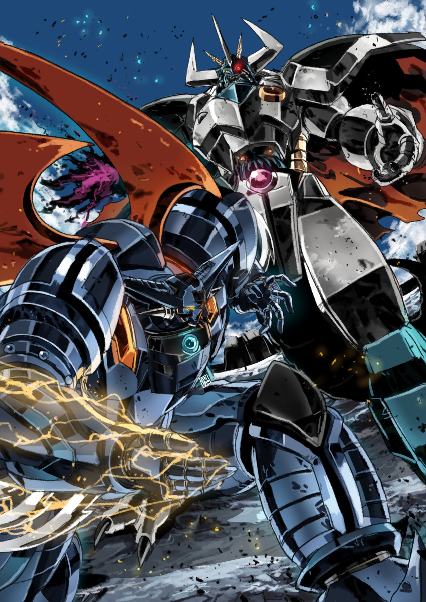 absurdres, alien, cape, clouds, electricity, emperor_gol, garimpeiro, getter_robo