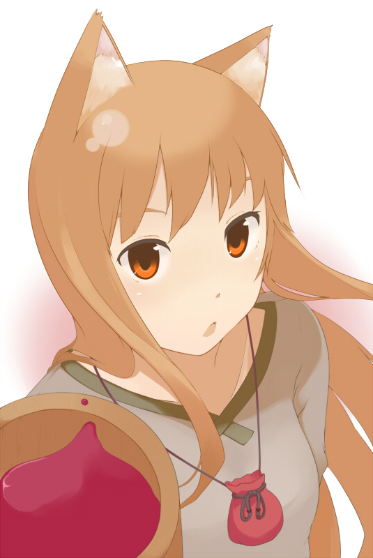 bad_id, brown_hair, cup, holo, pouch, red_eyes, solo, spice_and_wolf