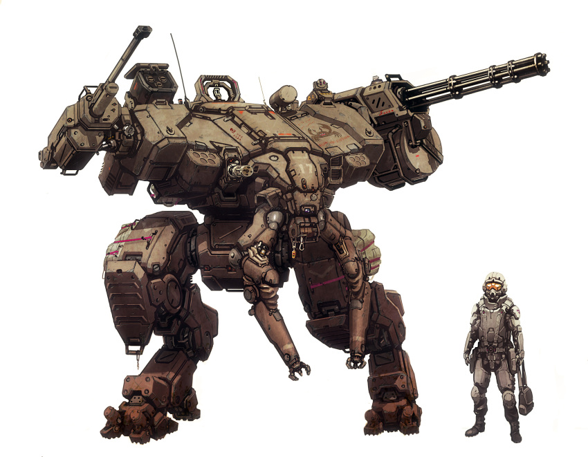 1boy, alexander_iglesias, armor, bag, chain_gun, english_commentary, helmet, highres, holding, holding_bag, looking_at_viewer, mecha, missile_pod, one-eyed, open_hands, original, science_fiction, shoulder_cannon, visor