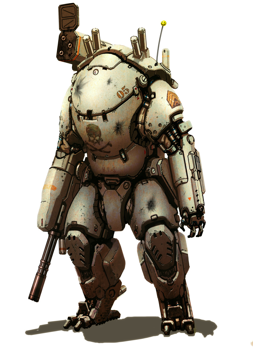 absurdres, alexander_iglesias, arm_cannon, chain_gun, english_commentary, full_body, highres, mecha, missile_pod, no_humans, open_hand, original, science_fiction, skull_and_crossbones, solo, standing, weapon