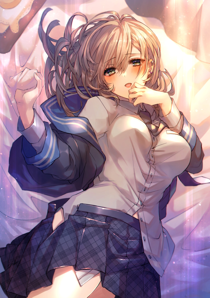 1girl, :d, bangs, black_neckwear, black_shirt, blue_sailor_collar, blue_skirt, blush