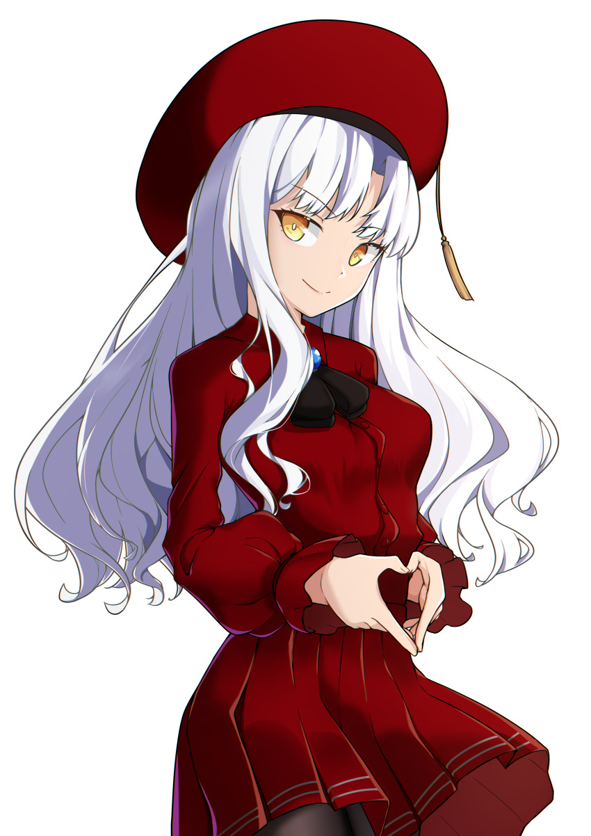 1girl, absurdres, bangs, beret, black_legwear, breasts, brooch, caren_hortensia