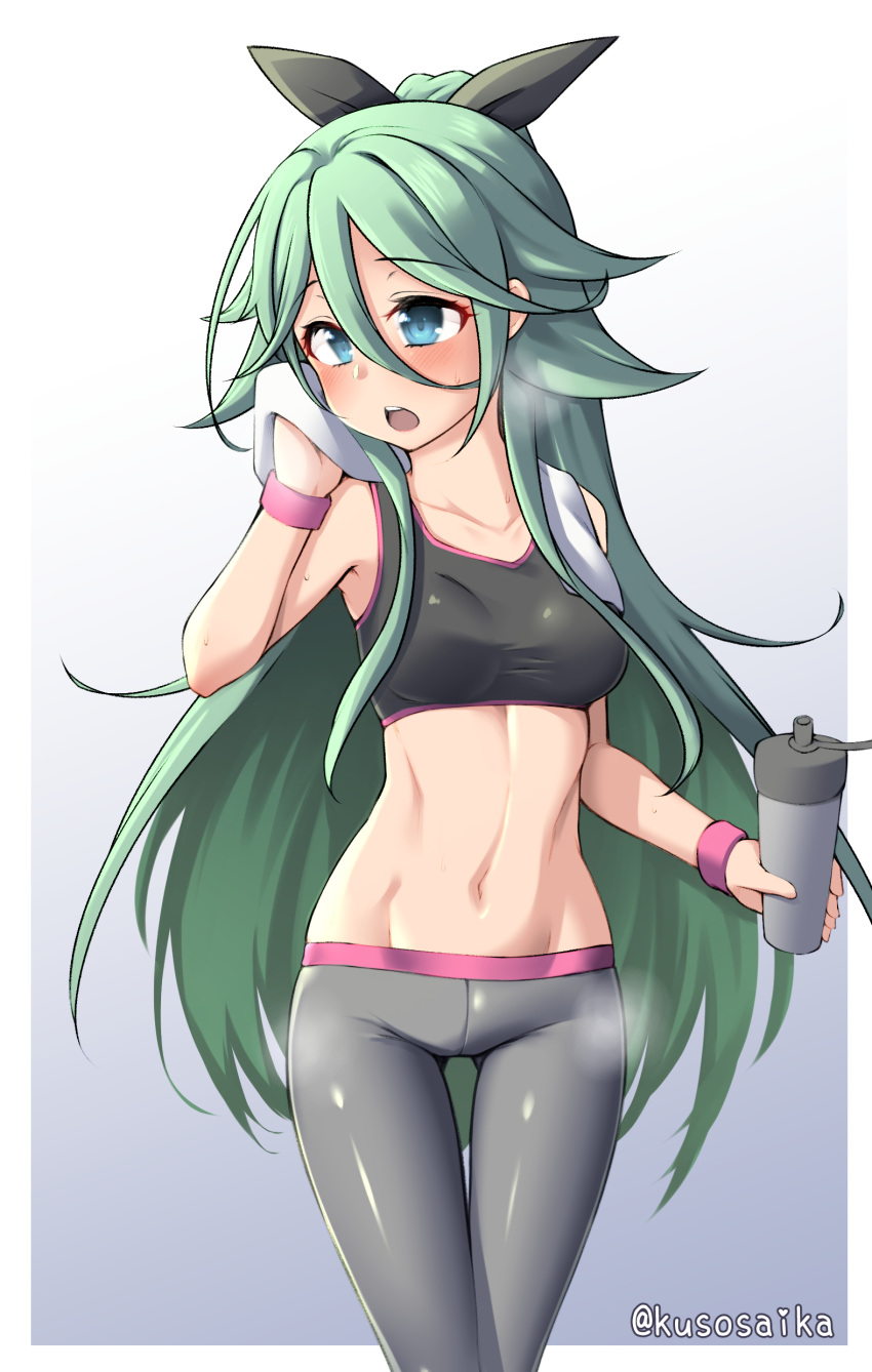 1girl, absurdres, alternate_costume, ass_visible_through_thighs, bangs, black_ribbon, blue_eyes, bottle, gradient, gradient_background, green_hair, grey_background, grey_pants, gym_pants, hair_between_eyes, hair_ornament, hair_ribbon, hairclip, highres, kantai_collection, long_hair, looking_to_the_side, midriff, open_mouth, pants, parted_bangs, ponytail, ribbon, sidelocks, solo, sports_bra, squeeze_bottle, standing, steam, training_pants, twitter_username, water_bottle, white_background, yamakaze_(kancolle), yuki_to_hana