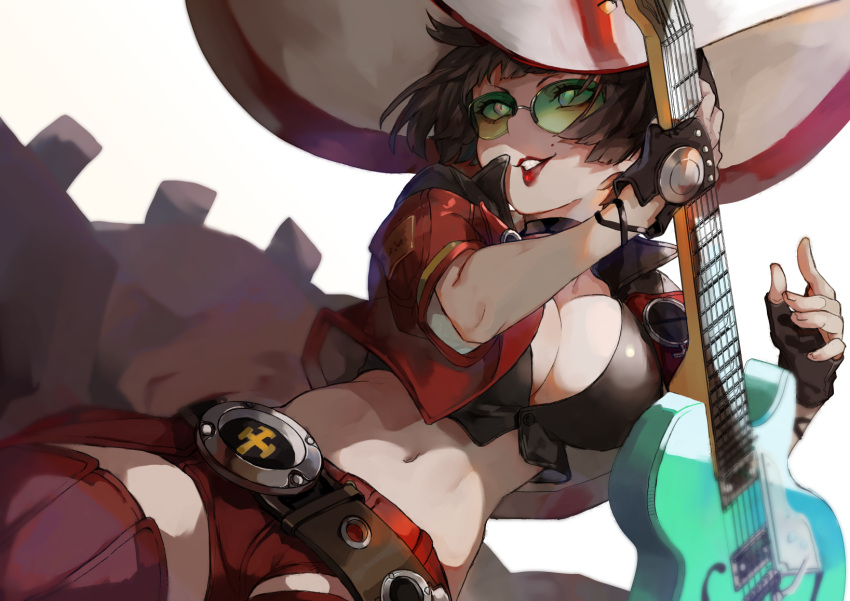 1girl, belt, black_hair, fingerless_gloves, glasses, gloves, guilty_gear, guilty_gear_strive, guitar, hat, highres, i-no, instrument, jacket, looking_at_viewer, midriff, motoaki, red_jacket, short_hair, shorts, thigh-highs, witch_hat