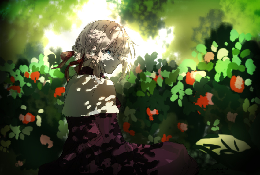 0229661, 1girl, bangs, blonde_hair, blue_eyes, braid, bush, closed_mouth
