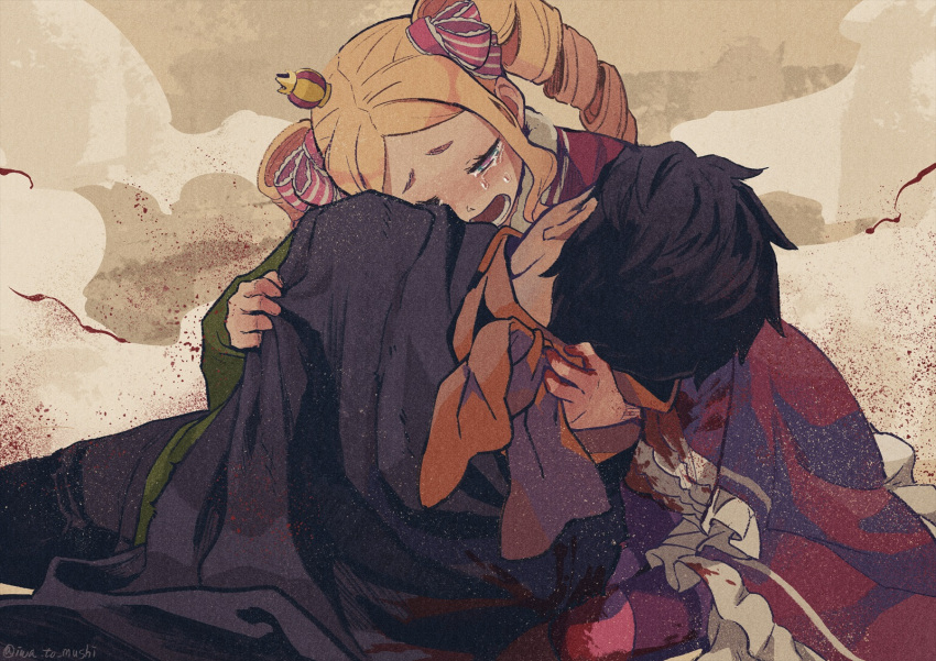 1boy, 1girl, beatrice_(re:zero), blonde_hair, commentary_request, cradling, crown, crying