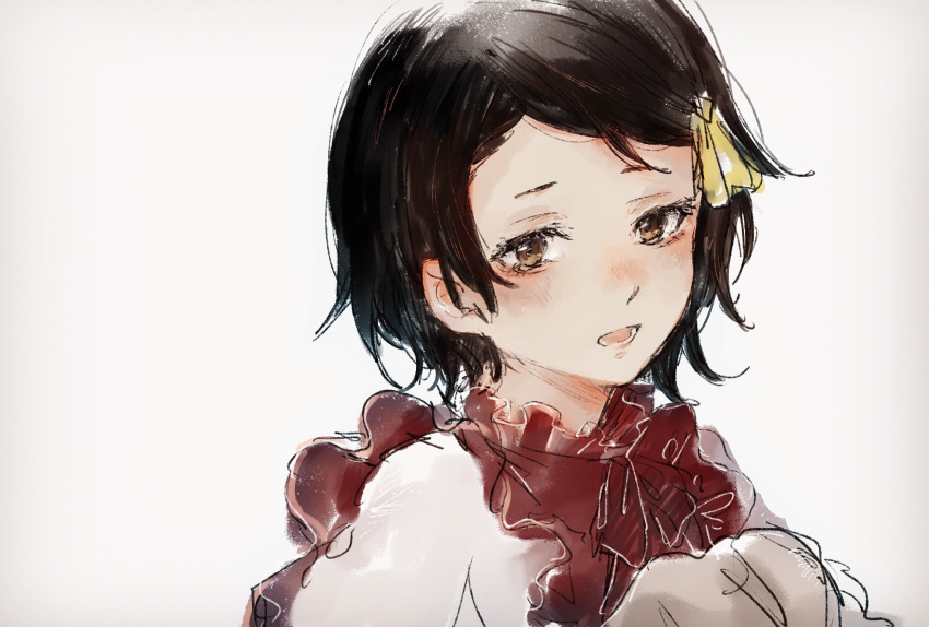 0229661, 1girl, ann_magnolia, bangs, black_hair, blush, child, commentary, dress, frilled_dress, frills, hair_ornament, hair_ribbon, highres, looking_at_viewer, nose_blush, open_mouth, ribbon, short_hair, simple_background, solo, upper_body, violet_evergarden, white_background, yellow_ribbon