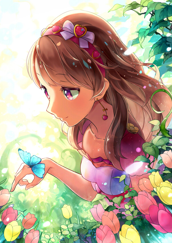 1girl, aikatsu!, aikatsu!_(series), blue_butterfly, blurry, blurry_background, bow, brown_hair
