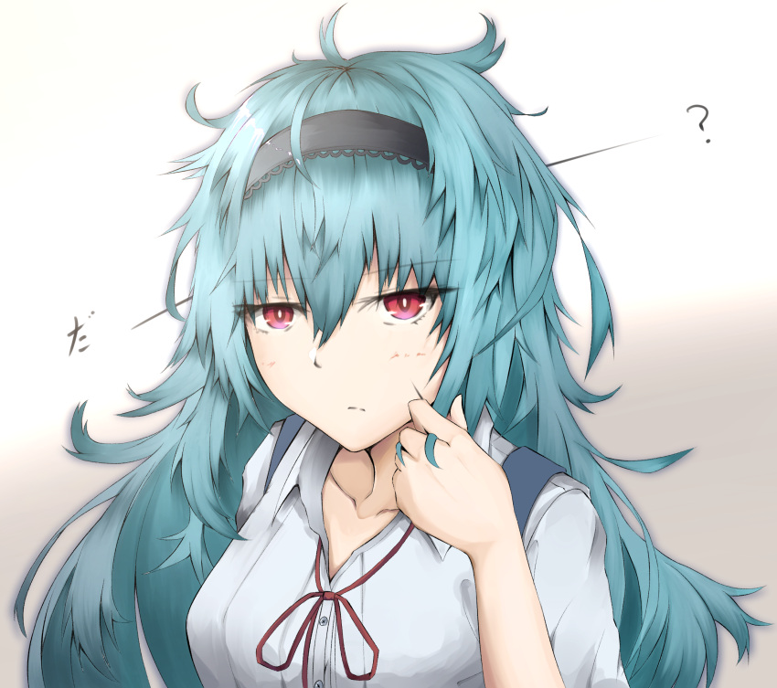 1girl, ?, blood, blood_on_face, blue_hair, breasts, closed_mouth, eyebrows_visible_through_hair