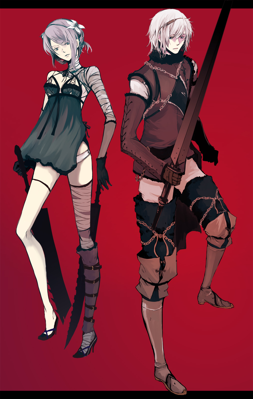 1girl, bandage, bandages, boots, chain, couple, dori, elbow_gloves