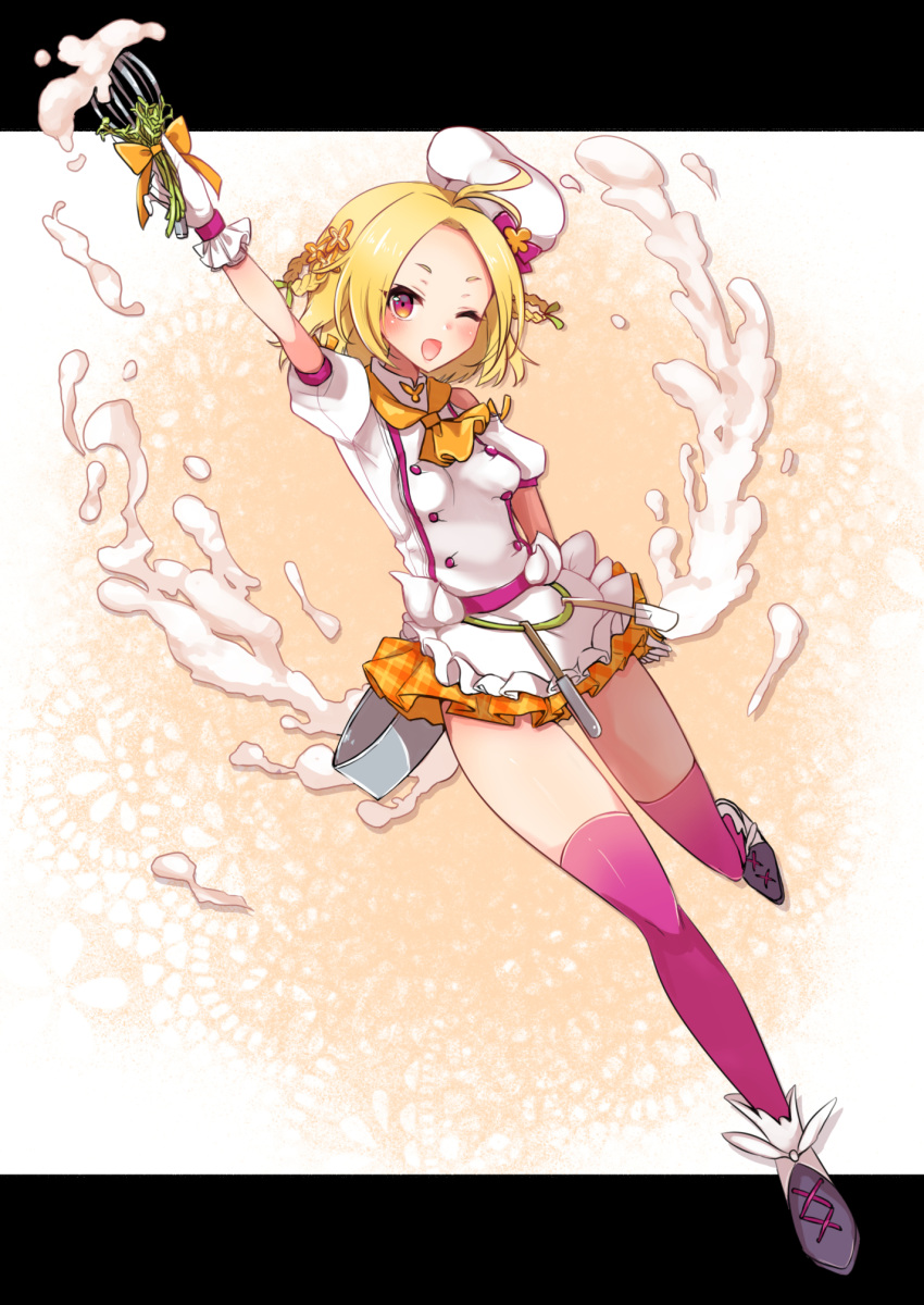 1girl, ;d, ahoge, apron, batter, blonde_hair, bow, braid