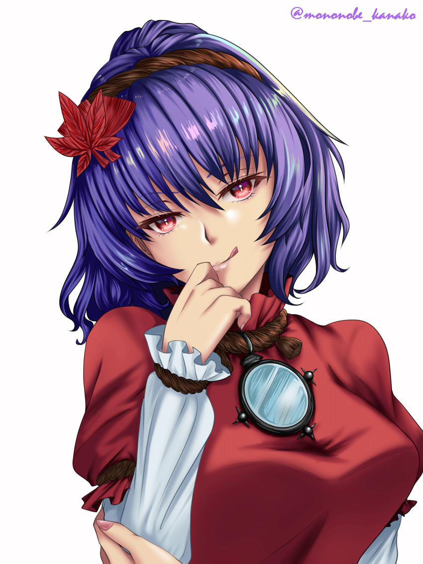 1girl, absurdres, breasts, commentary_request, hair_leaf, hand_to_own_mouth, head_tilt, highres, large_breasts, leaf, licking_lips, looking_at_viewer, maple_leaf, mirror, mononobe_kanako, nail_polish, pink_nails, purple_hair, red_eyes, red_shirt, shirt, short_hair, simple_background, smile, solo, tongue, tongue_out, touhou, twitter_username, white_background, yasaka_kanako