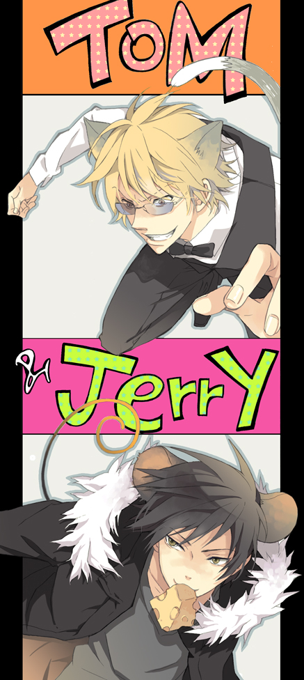 animal_ears, blonde_hair, cat_ears, cat_tail, cheese, crossover, durarara!!, glasses, heiwajima_shizuo, jacket, male, mouse_ears, mouse_tail, multiple_boys, nechi774, orihara_izaya, tail, tom_and_jerry